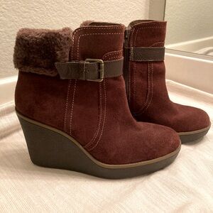 Flexi wedge heel suede burgundy boots with zipper closure, size 7 1/2